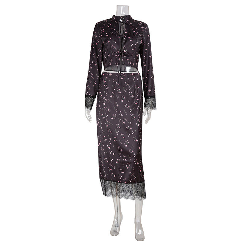 Fashionable Slim Fit Floral Print Long Sleeve Top and Skirt Set Elegant Design Autumn Wear Wholesale Available