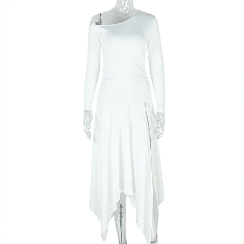 Fashionable Womens Irregular Hem Dress Slim Fit Solid Color One Shoulder Long Sleeve Side Slit Casual or Evening