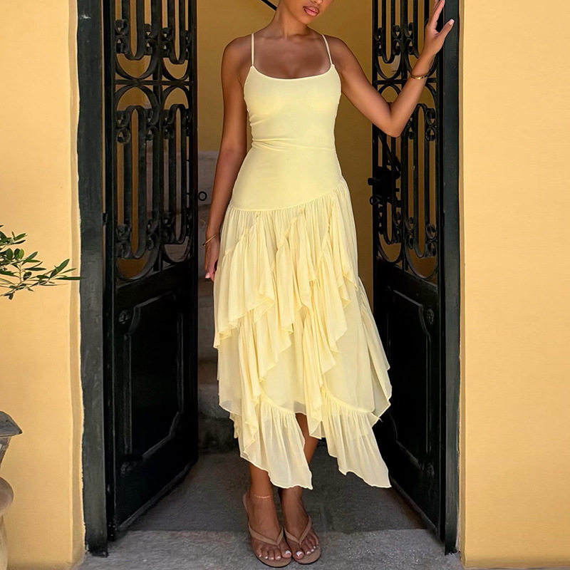 Summer Womens Dress Sexy Spaghetti Strap Elegant Ruffle Design Asymmetrical Hem Perfect for Parties or Casual