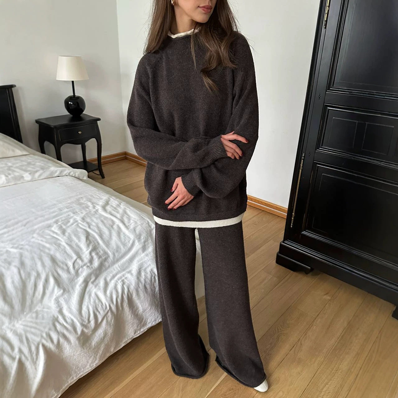 Womens Loose Fit Knit Sweater and Wide Leg Pants Set Wool Blend Casual Style Autumn Winter Collection Wholesale