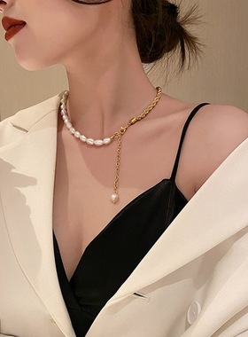 SPARKLE「珠链交错」半珍珠项链冷淡风个性气质简约锁骨颈链饰品