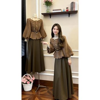 Early Autumn Retro Atmosphere Suit Single-Breasted Design Waist-Cinching Top Heavy-Duty Slimming Half-Length Skirt Two-Piece Set for Women