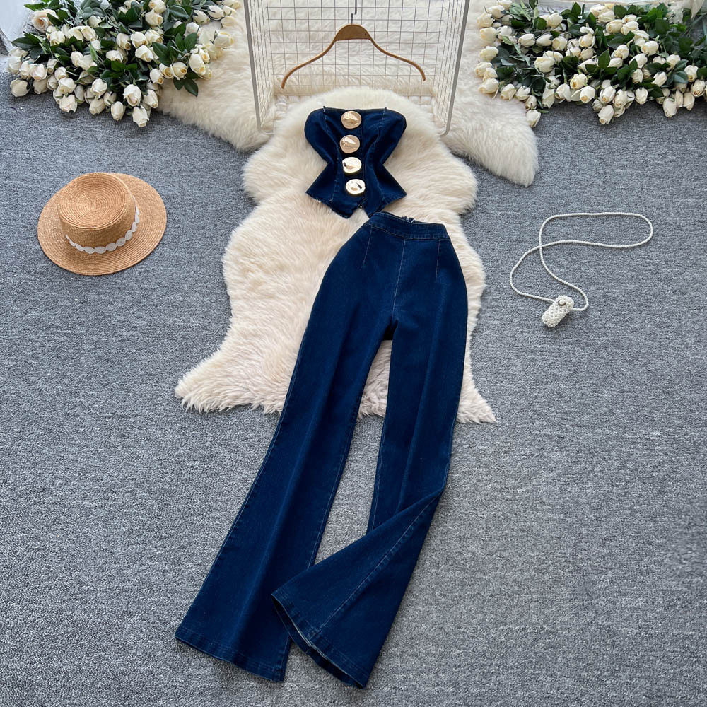 Womens Denim Set Metallic Buckle Cami Top High Waisted Slim Fit Flared Pants Trendy Casual Wear Wholesale Available