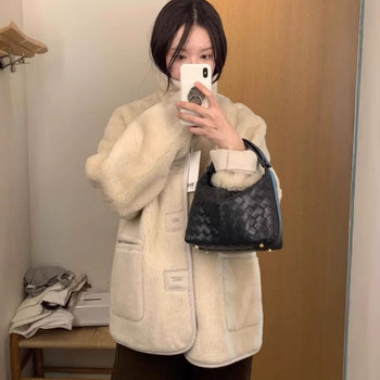 South Korea monoha fur all-in-one fur casual two-sided single-breasted sheep sheared wool mid-length coat