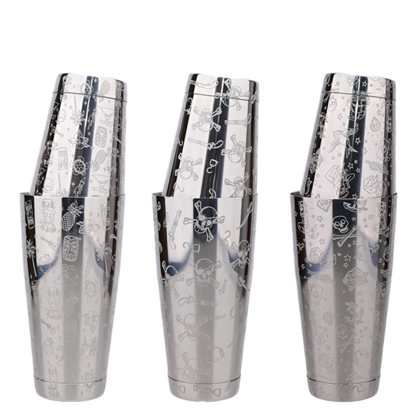 Stainless Steel Cocktail Boston Cocktail Set Etched Pattern Boston Cocktail Shaker Etched Cocktail Shaker Measuring Cup