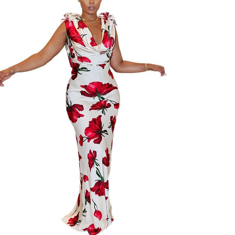Elegant Floral Print Backless Long Dress Wrinkled Design Slim Fit Mid Waist Perfect for Parties and Special Occasions
