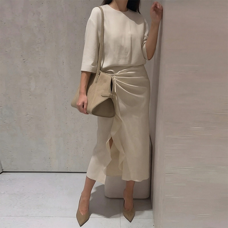 Summer Casual Solid Color Split Hem Pleated Dress for Women Lightweight Comfortable Vacation Style Wholesale Available