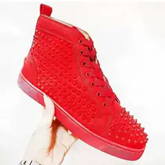 European Trendy Brand Rivet High-Top Men's Shoes, Genuine Leather Lace-Up Casual Sneakers, Fashionable Versatile Red-Soled Trendy Style
