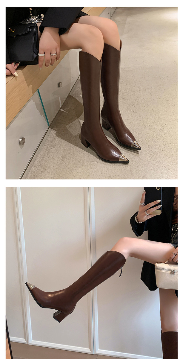 Boot nữ cổ cao mũi nhọn da bò gót thô phong cách kỵ sĩ — Màu be lót nhung bên trong, Màu be một lớp lót trong, Màu đen lót một lớp, Màu đen lót nhung