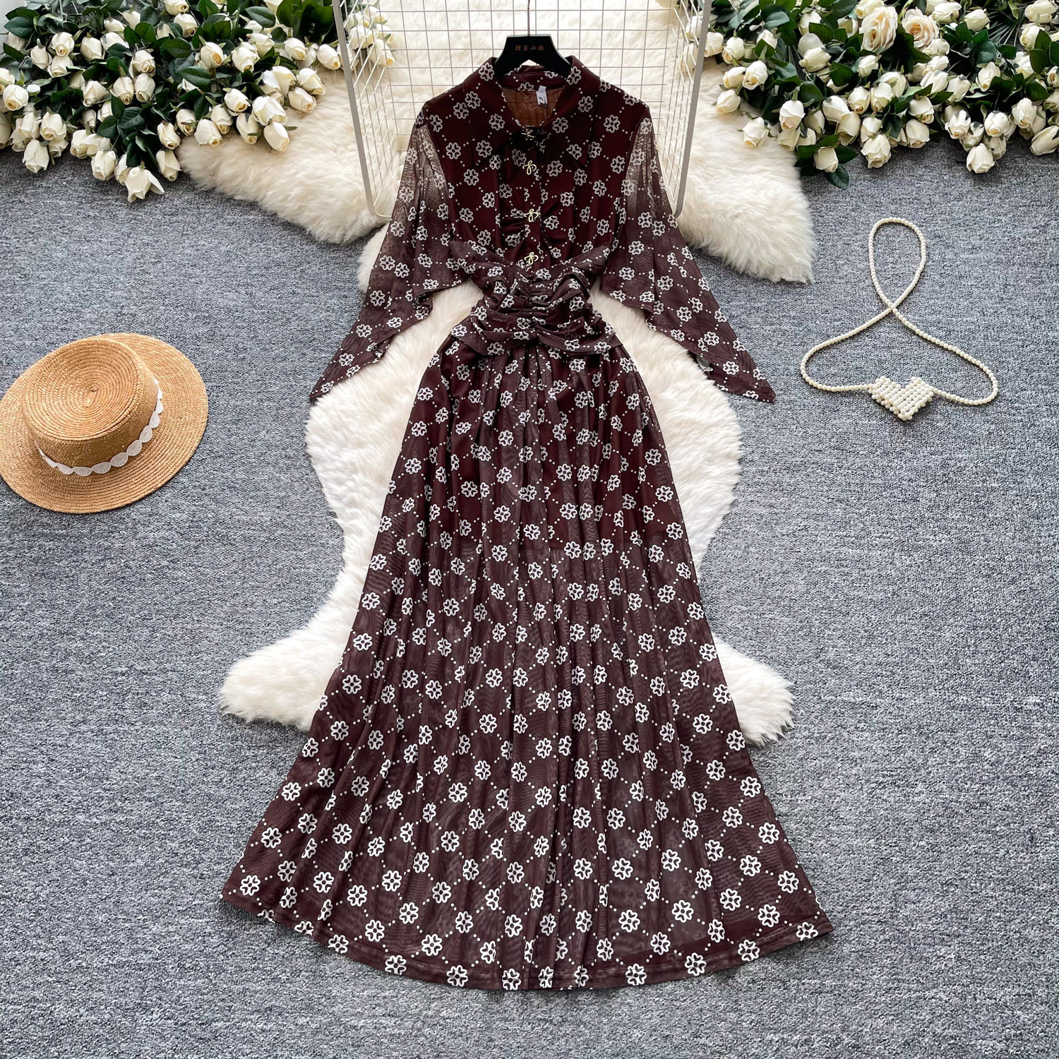 Vintage Polka Dot Maxi Dress for Women Red High Waisted Belted Slim Fit Floral Print Elegant Summer Style