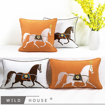 Horse Embroidered Modern New Chinese Style Sofa Pillow Hong Kong Style Light Luxury Horse Embroidered Orange Cushion Cushion Bag