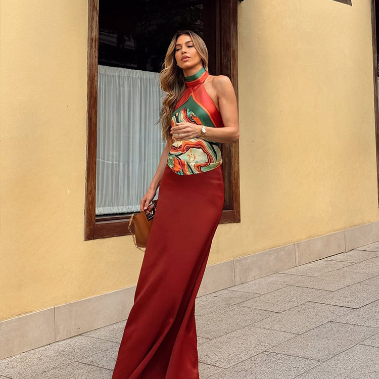 Summer Vacation Two Piece Set Sleeveless Halter Top Long Skirt Dunhuang Color Palette Sexy Style Wholesale Available