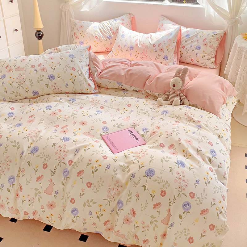 Category a Maternal and Infant Grade Washed Wrinkled Cotton Four-Piece Set Student Dormitory Small Floral Fitted Sheet Three-Piece Gift Set Wholesale