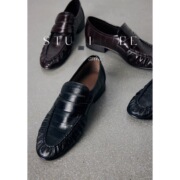 In Stock~Handmade Eel Skin~Genuine Leather Retro Pleated Loafers for Women, Versatile Thick-Soled British Style Small Leather Sh