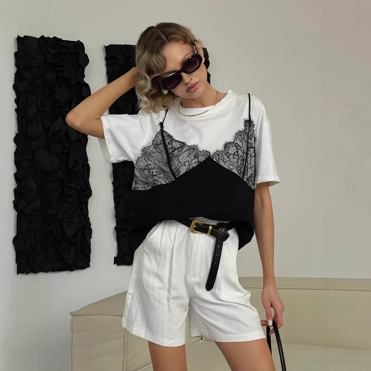 Lace Trimmed Loose Fit T Shirt Short Sleeve Round Neck Casual Style Perfect for Summer Wear Wholesale Available
