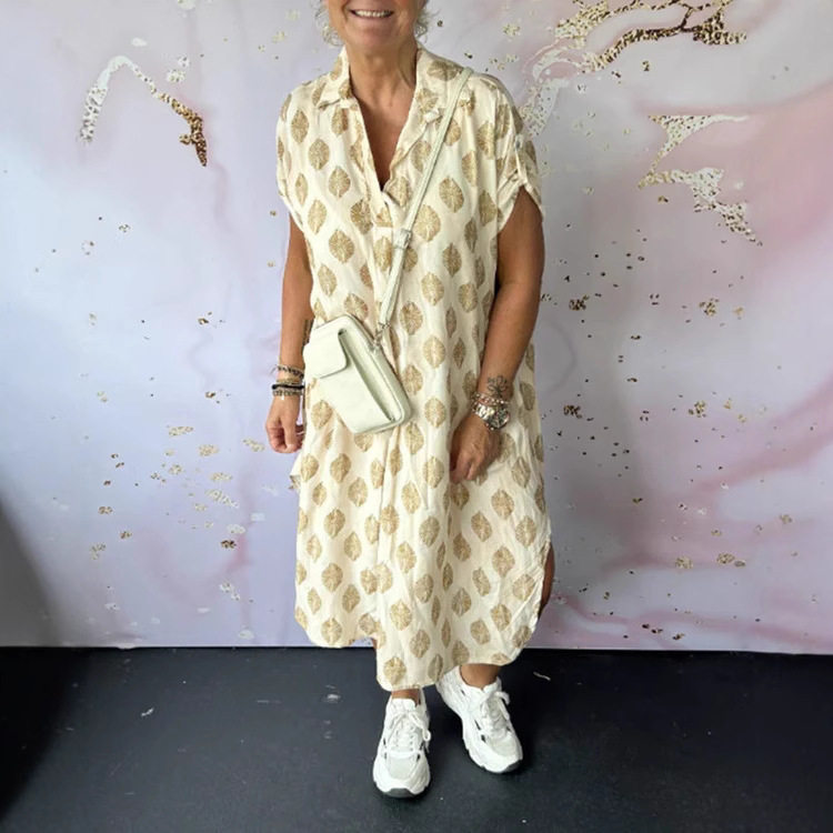 Summer Floral Print V Neck Short Sleeve Dress Loose Fit Trendy Design Womens Fashion Perfect for Casual Outings