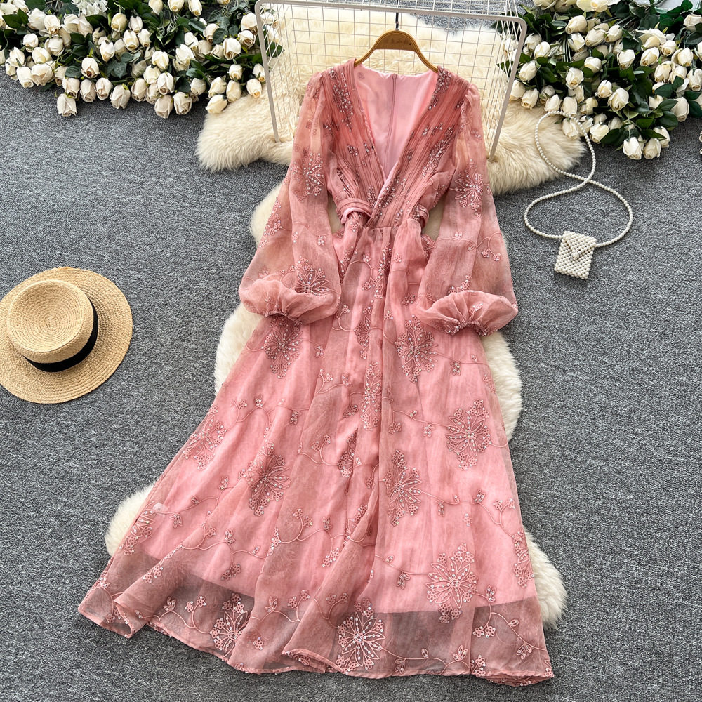 French Style Embroidered Sequin V Neck Lantern Sleeve Waist Defined Maxi Dress for Women Slim Fit Autumn Collection
