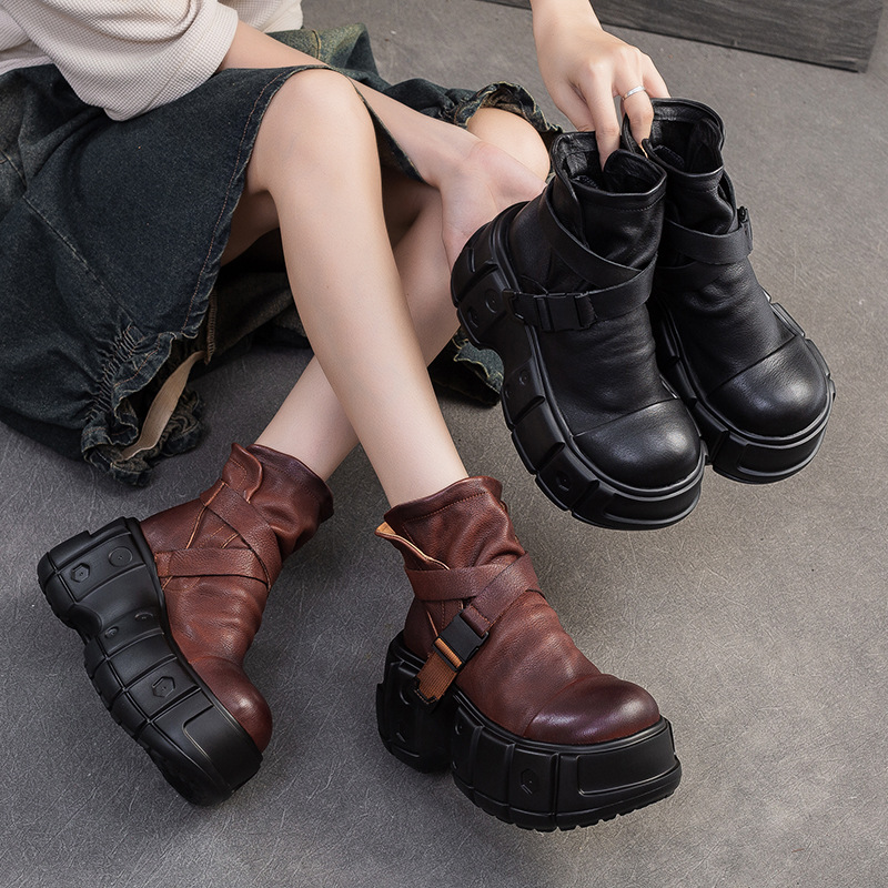 (Mới) Mã B3177 Giá 4420K: Giày Boot Martin Nữ Jiaime Hàng Mùa Xuân Thu Đông Phục Cổ Cổ Điển Tăng Chiều Cao Đế Xuồng Giày Dép Nữ Chất Liệu Da Bò G06 Sản Phẩm Mới, (Miễn Phí Vận Chuyển Toàn Quốc).