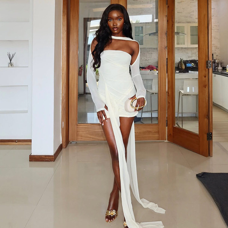 Bodycon Dress Solid Color Off Shoulder Long Sleeve Slim Fit Lightweight Evening Wear or Party Wholesale