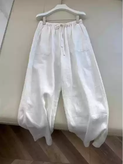 Linen White Pants Men's and Women's Summer Thin Breathable Loose Wide Leg Straight Dose Cotton and Linen Casual Pants plus size