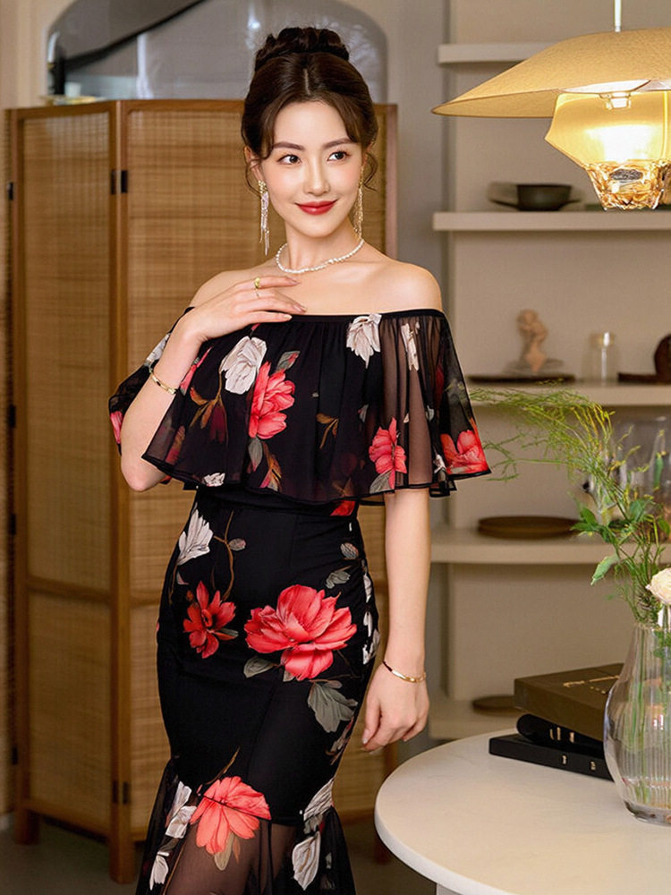 Đầm ôm body nữ cổ yếm tay bồng kiểu đuôi cá phong cách Pháp — [Màu đen]