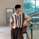 2025 летняя полосатая рубашка с лацканами design sense, нишевый мужской свободный вязаный свитер, футболка корейской версии