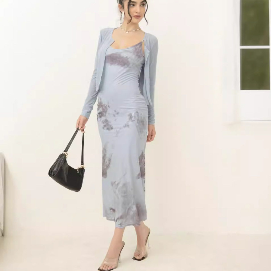 French Style Elegant Mermaid Skirt Set Slim Fit Spaghetti Strap Dress with Cardigan Autumn Fashion Wholesale Available