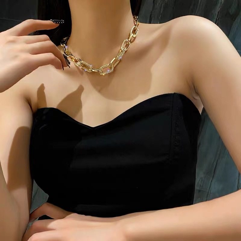 European and American Exaggerated Large Thick Chain Metal Decorative Necklace Women's Trendy Ins Short Clavicle Chain Flash Diamond Splicing Sweater Chain
