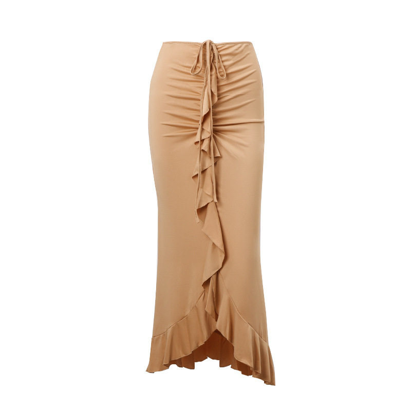 French Style Ruffled Hem Midi Skirt Low Waist Pleated Design Elegant Fit Perfect for Autumn Fashion Wholesale