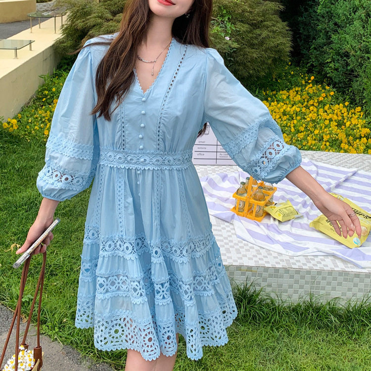 Womens Long Sleeve Dress French Style Slim Fit V Neck Lace Button Closure Perfect for Casual or Formal Occasions