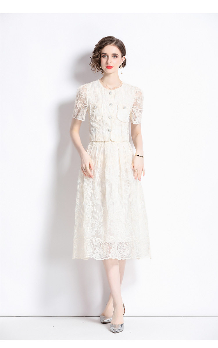 Elegant Womens Two Piece Set French Lace Puff Sleeve Blouse High Waisted Slim Skirt Perfect for Formal Occasions