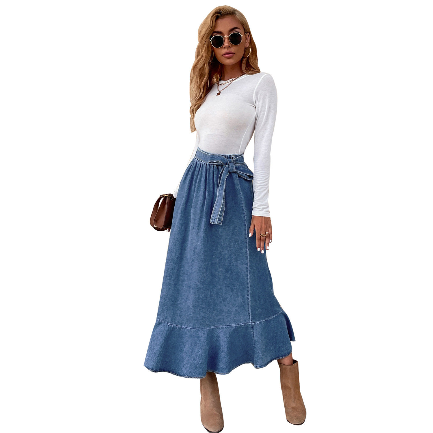 High Waisted Denim Skirt Mid Length Ruffled Hem Pleated Design Casual Wear for Women Wholesale Available