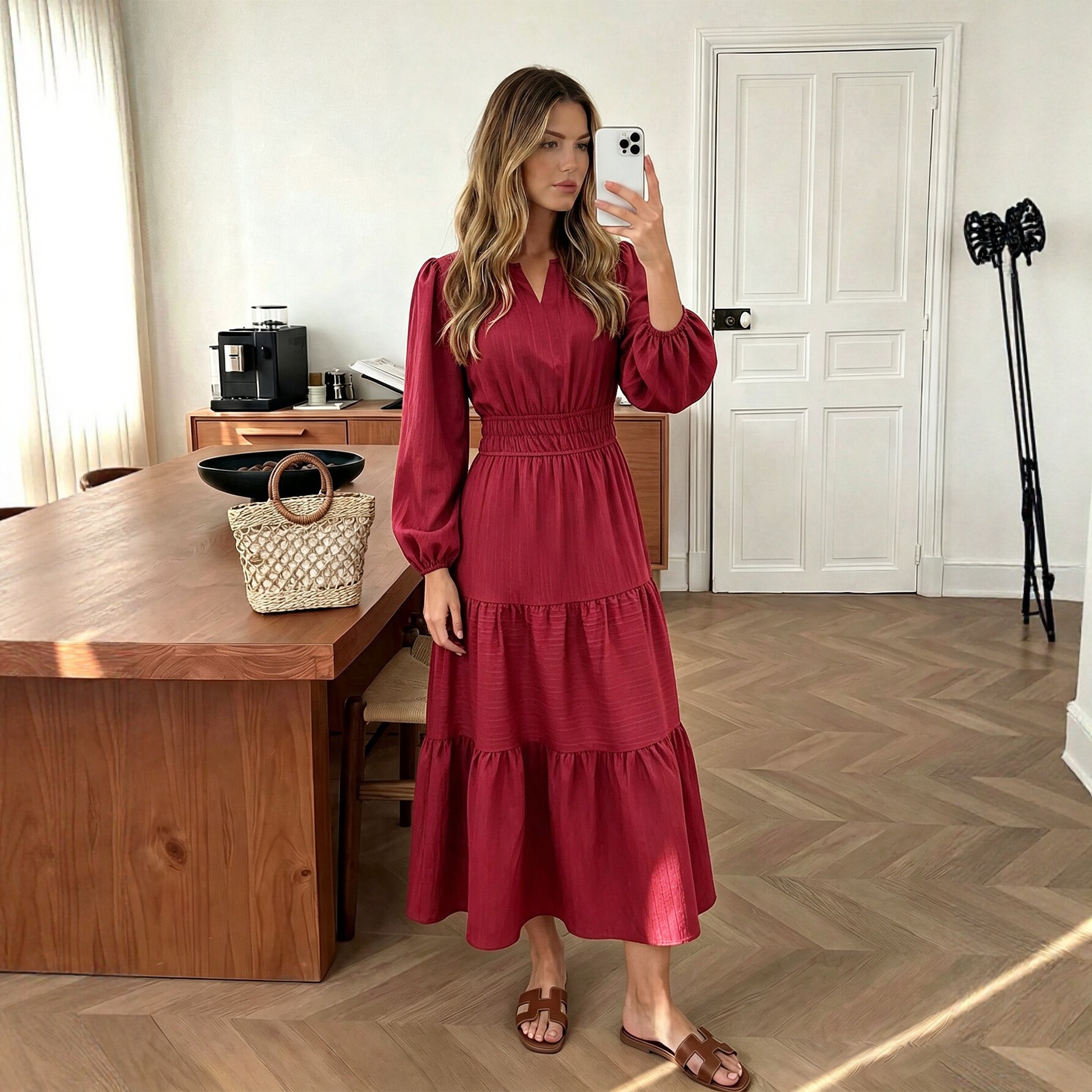 Vintage Burgundy V Neck Dress Slim Fit Puff Sleeves Long Length Perfect for Parties and Special Occasions Wholesale