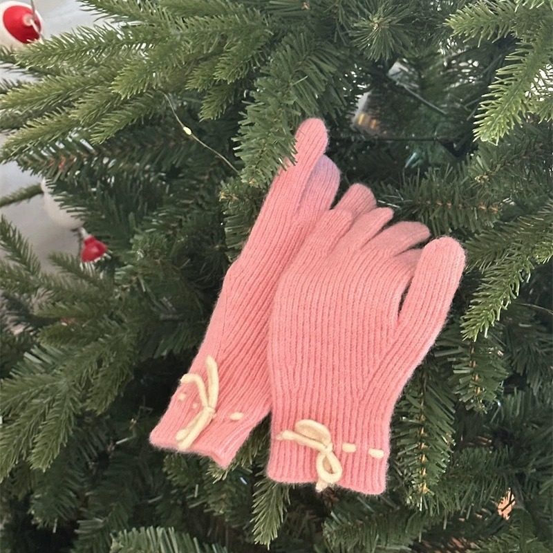 South Korea Ins Cute Wool Knitted Wool Five-Finger Gloves Women's Winter Warm Touchscreen Finger Cycling Trendy