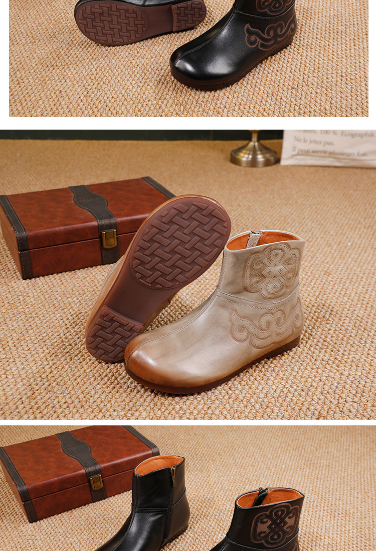 Boot nữ cổ thấp da bò thật đế bằng mềm êm chân — đen, xám