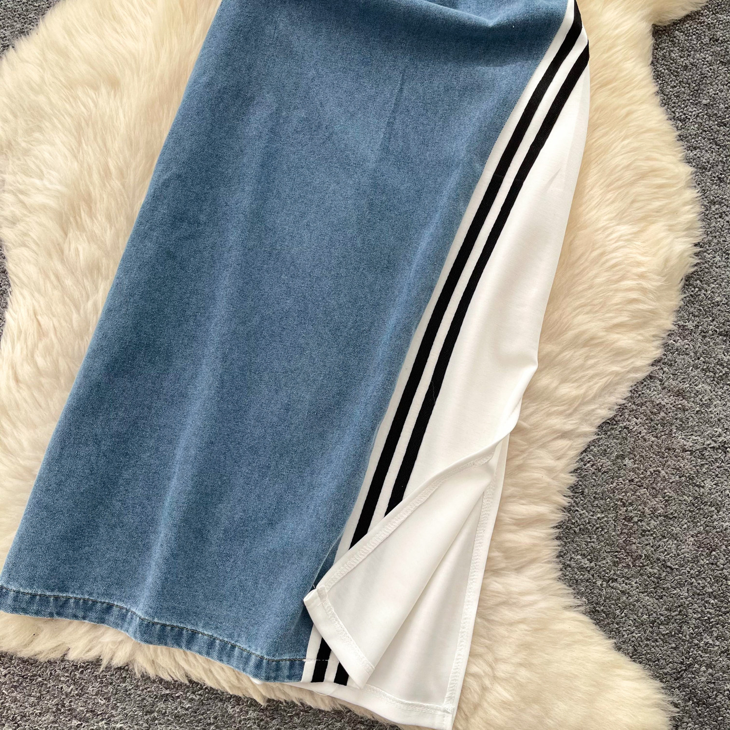 Korean Style Two Piece Look Round Neck Dress Summer Slim Fit Waist Defining A Line Denim Casual Office Wear
