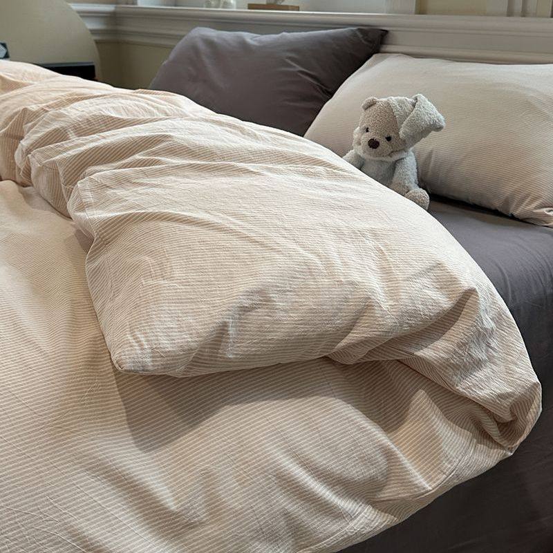 Scandinavian Style Super Soft Waxy Washed Cotton Quilt Cover Bed Bed Sheets Four-Piece Bedding Set Student Dormitory Three-Piece Fitted Bed Sheets Set 4