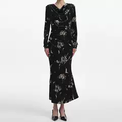2025 Export Women's Clothing Cross-Border European and American Amazon Winter New Long-Sleeved Black Printed Elegant Slim Dress