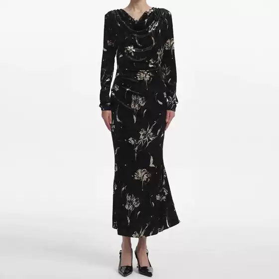 2025 Export Women's Clothing Cross-Border European and American Amazon Winter New Long-Sleeved Black Printed Elegant Slim Dress