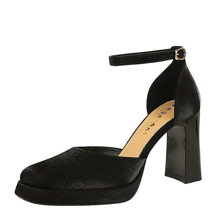 Sandal cao gót nữ quai ngang mũi vuông đế xuồng mặt satin — Màu đen, Màu đỏ rượu, Màu sâm panh, Màu trắng