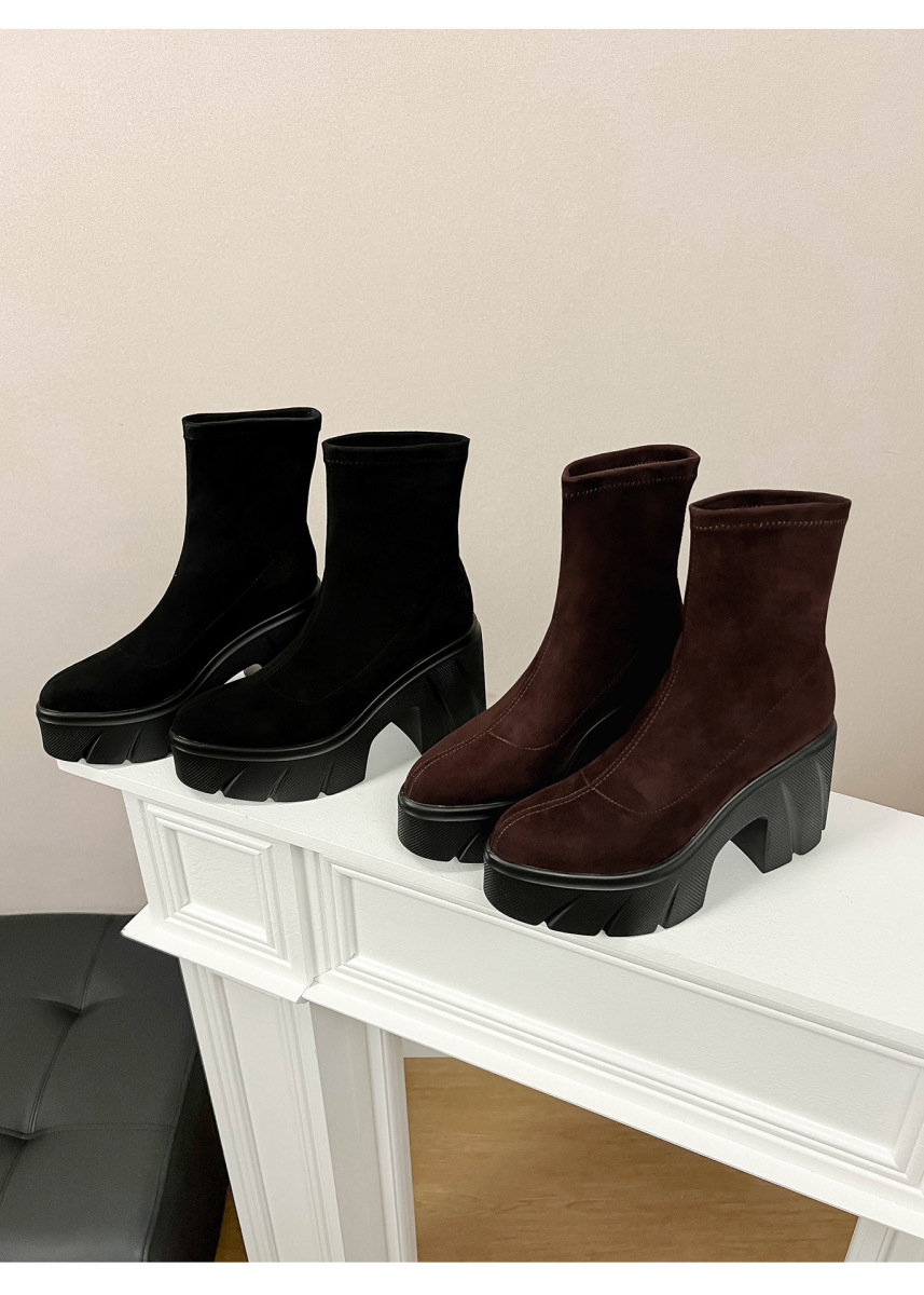Boot nữ cổ thấp gót thô đế dày tăng chiều cao, chất liệu nhung mềm — Lớp lót đơn màu đen, Lớp lót đơn màu nâu, Lót nhung đen, Lót nhung màu nâu