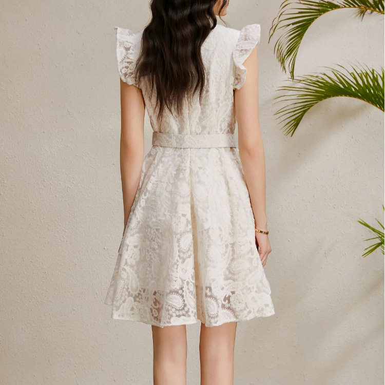 French Court Style Summer Dress Elegant Sheer Fabric Floral Lace Belted Flattering Fit Perfect for Parties and