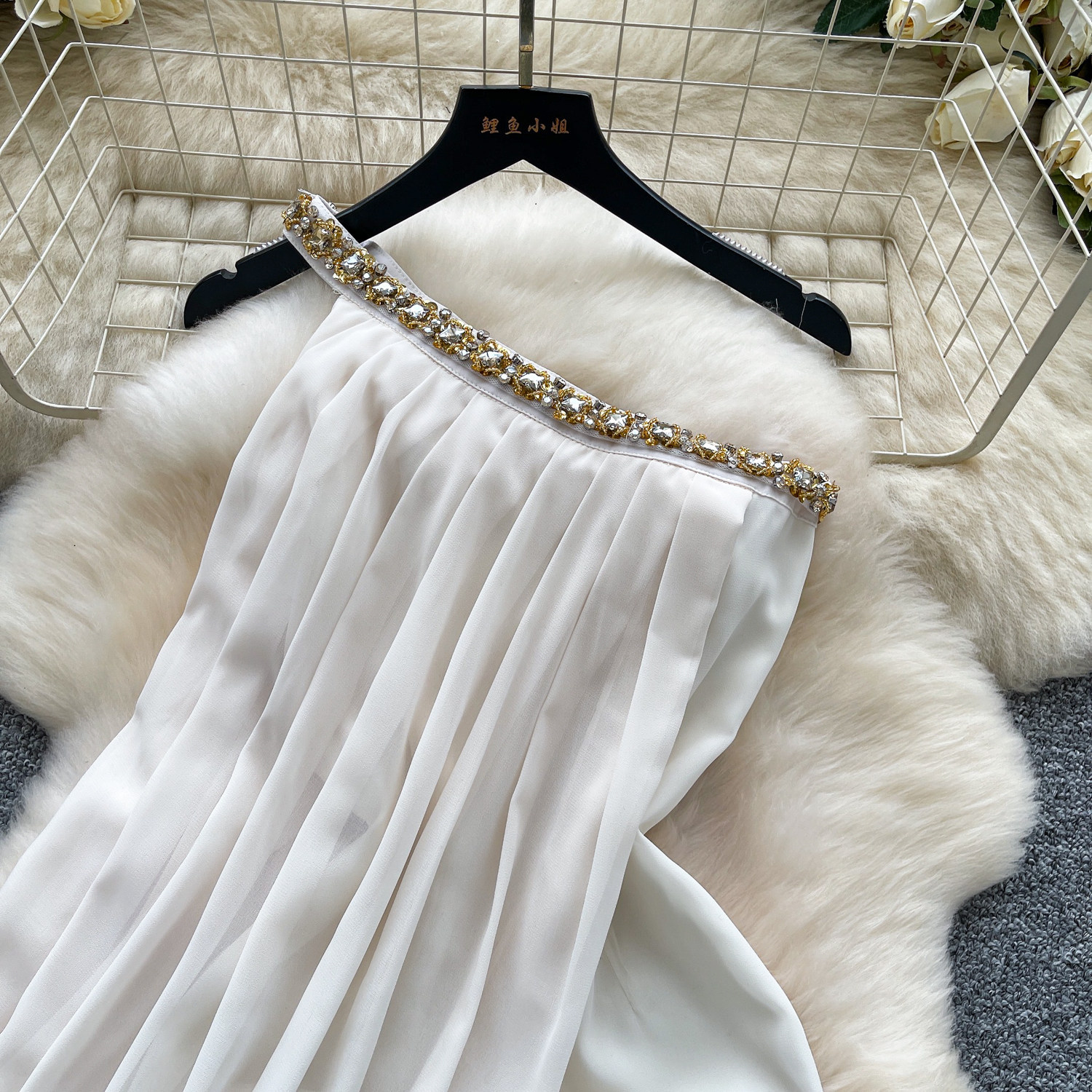 French Style Backless A Line Dress Rhinestone Embellished Asymmetrical Neckline Slim Fit Summer Vacation Wear