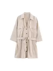2025 Summer New Stylish V-Neck Workwear Style Women's Belted Linen Blend Mini Dress