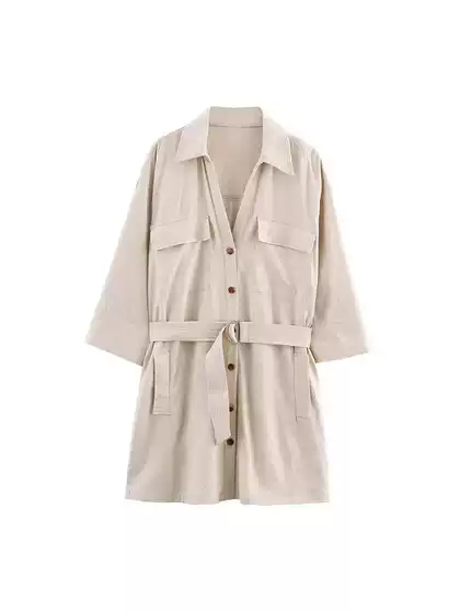 2025 Summer New Stylish V-Neck Workwear Style Women's Belted Linen Blend Mini Dress