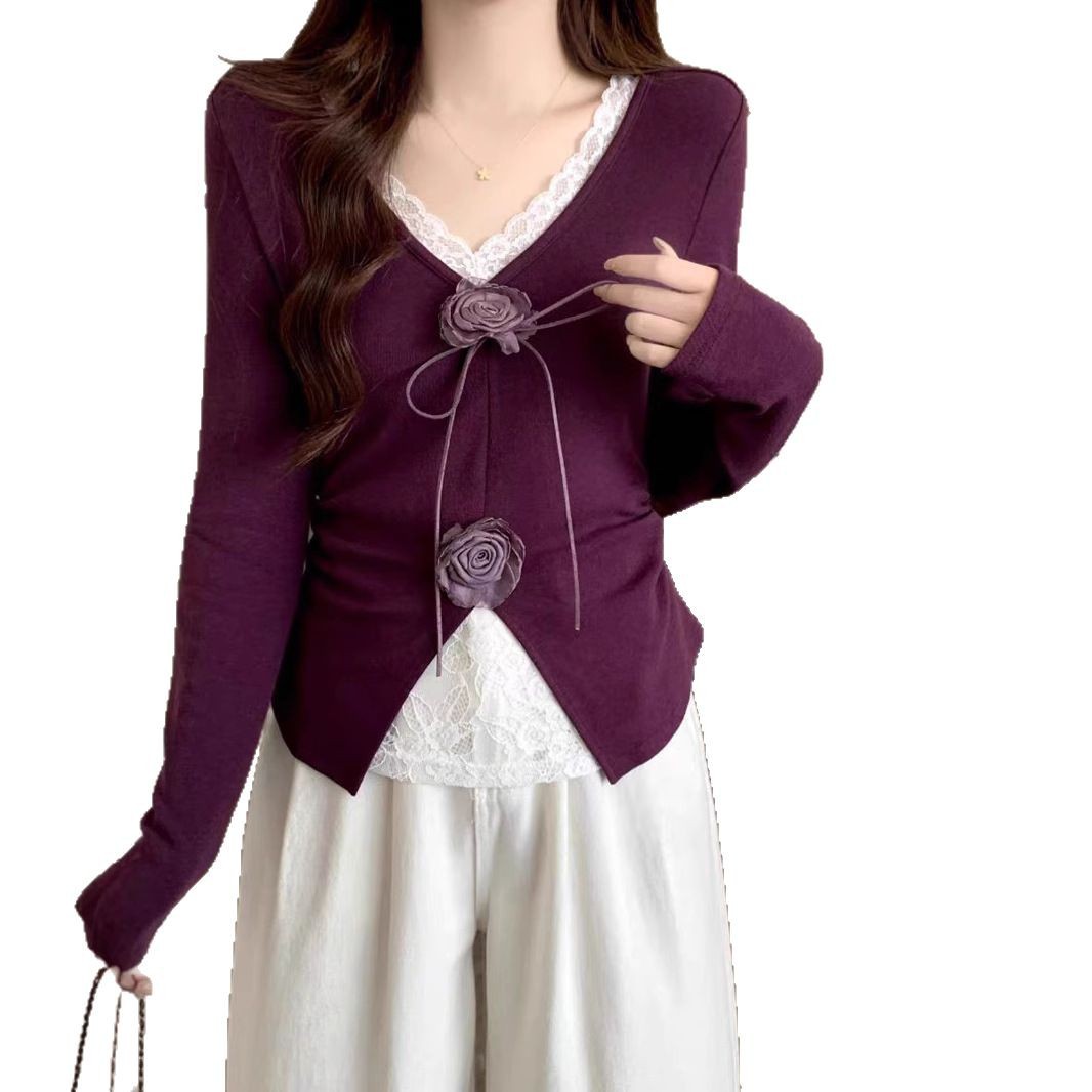 Lace Panel Long Sleeve T Shirt for Women Slim Fit Waist Design Autumn Fashion Available in Purple and Apricot Wholesale