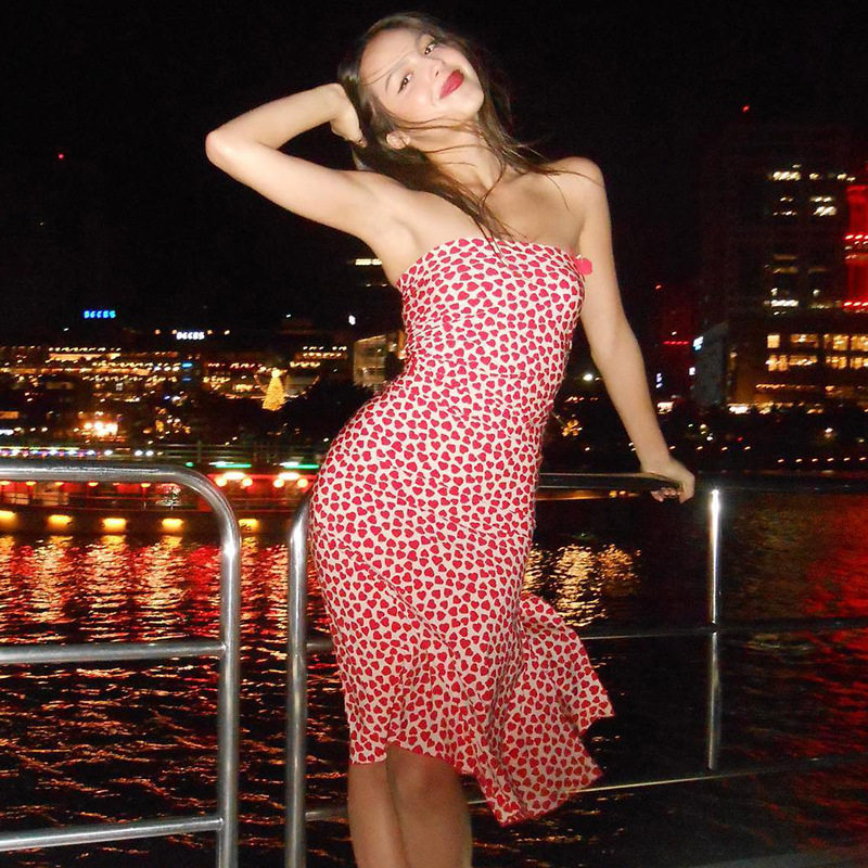 French Romantic Style Womens Strapless Bodycon Dress with Heart Print Slim Fit Long Length Perfect for Dates