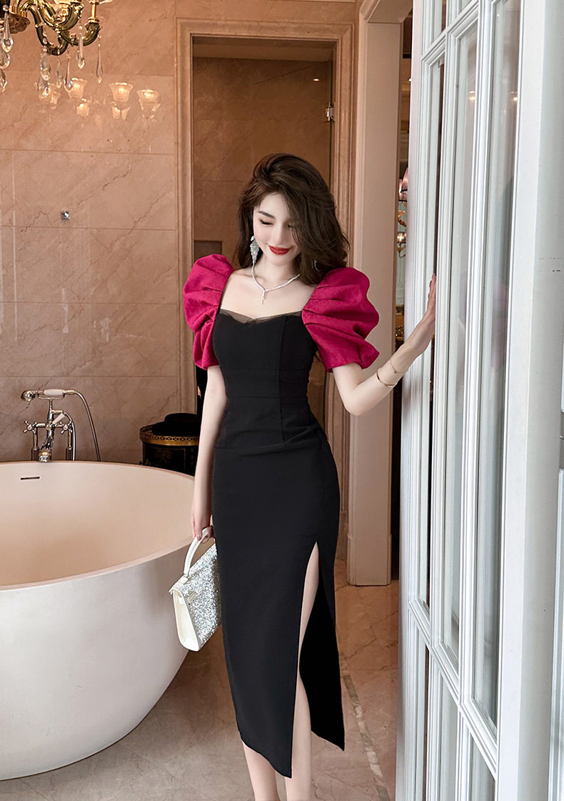 Đầm ôm body nữ phong cách Pháp cổ vuông tay bồng — [Đen] chi tiết 18