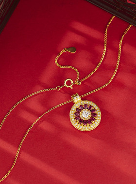 复古镶钻红石玫瑰花八宝罗盘项链s925纯银镀黄金色首饰精致锁骨链