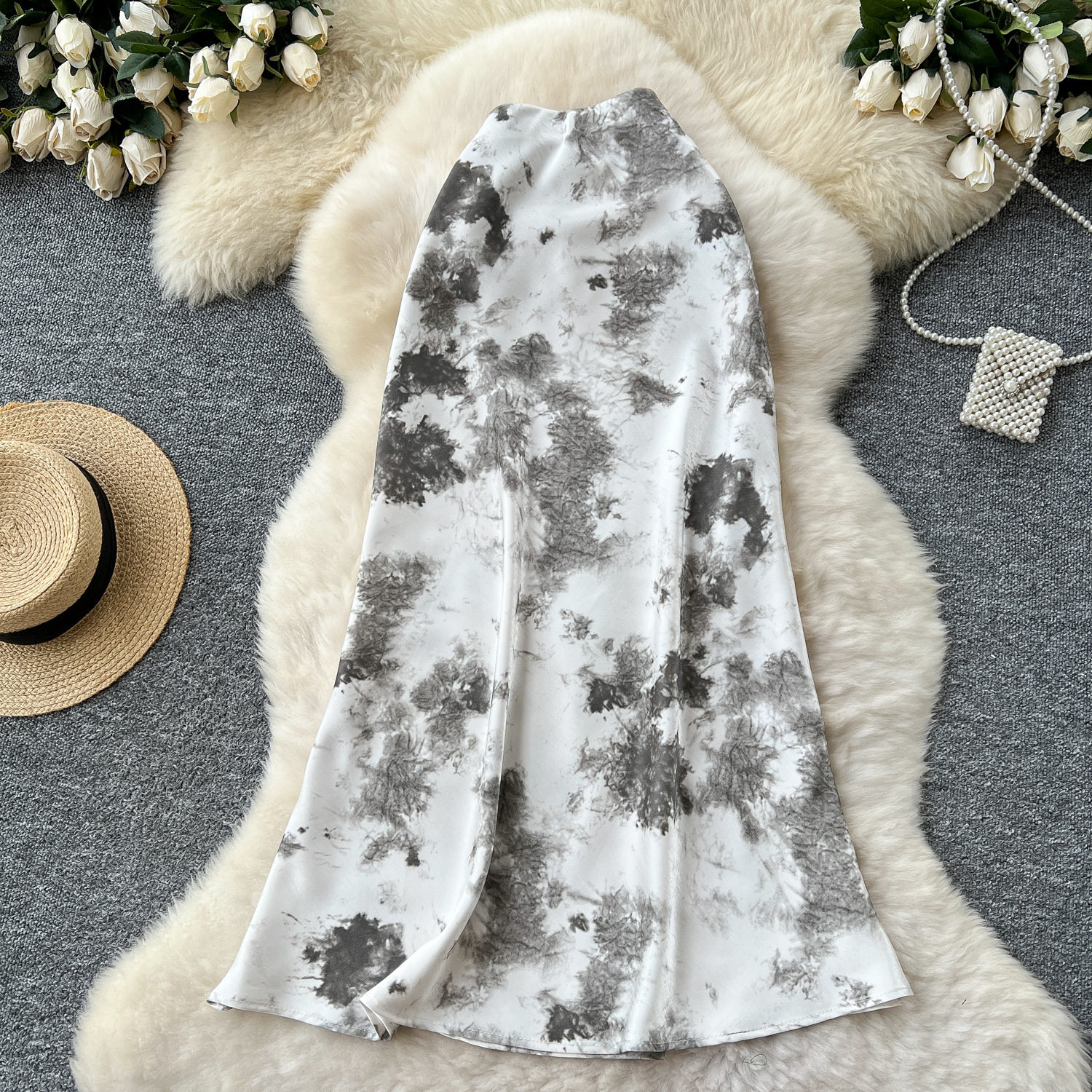 High Waist Satin Midi Skirt for Women Vintage Ink Print Flared Design Summer Casual Wear